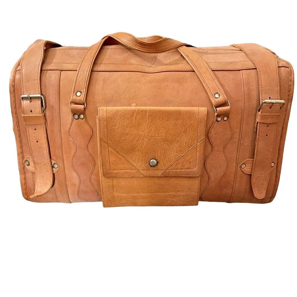 Vintage Tan Leather Duffel Bag Rustic Travel Weekender Overnight Luggage u
